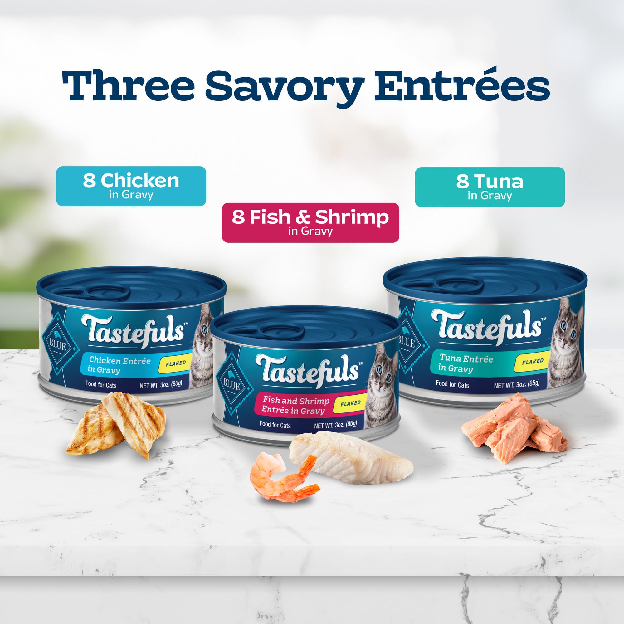 Blue Buffalo Tastefuls wet cat food cans highlight convenient feeding sessions.