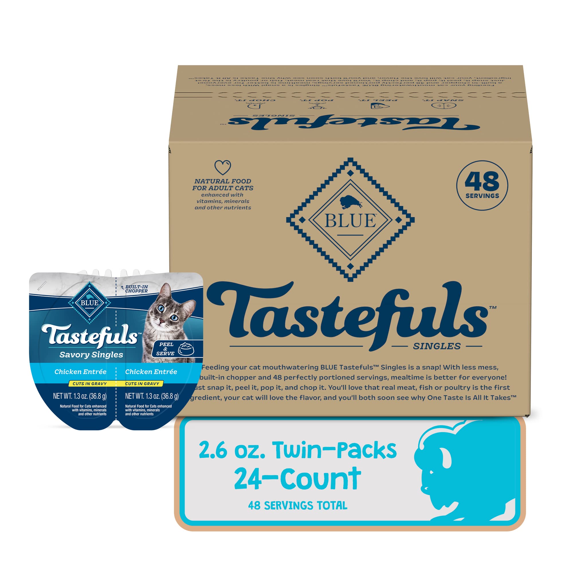 Blue Buffalo Tastefuls wet cat food in gravy with real chicken supports hydration.