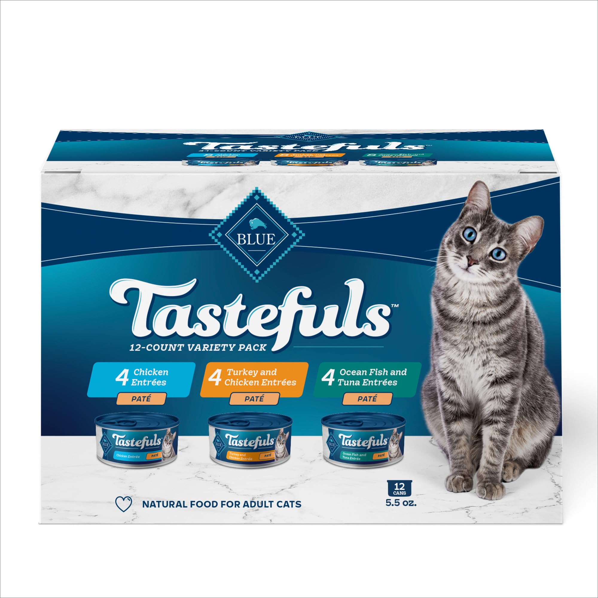 Blue Buffalo Tastefuls chicken pâté cans show real meat first for healthy appetite