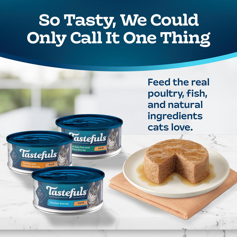 Blue Buffalo Tastefuls ocean fish and tuna pâté cans with appealing texture