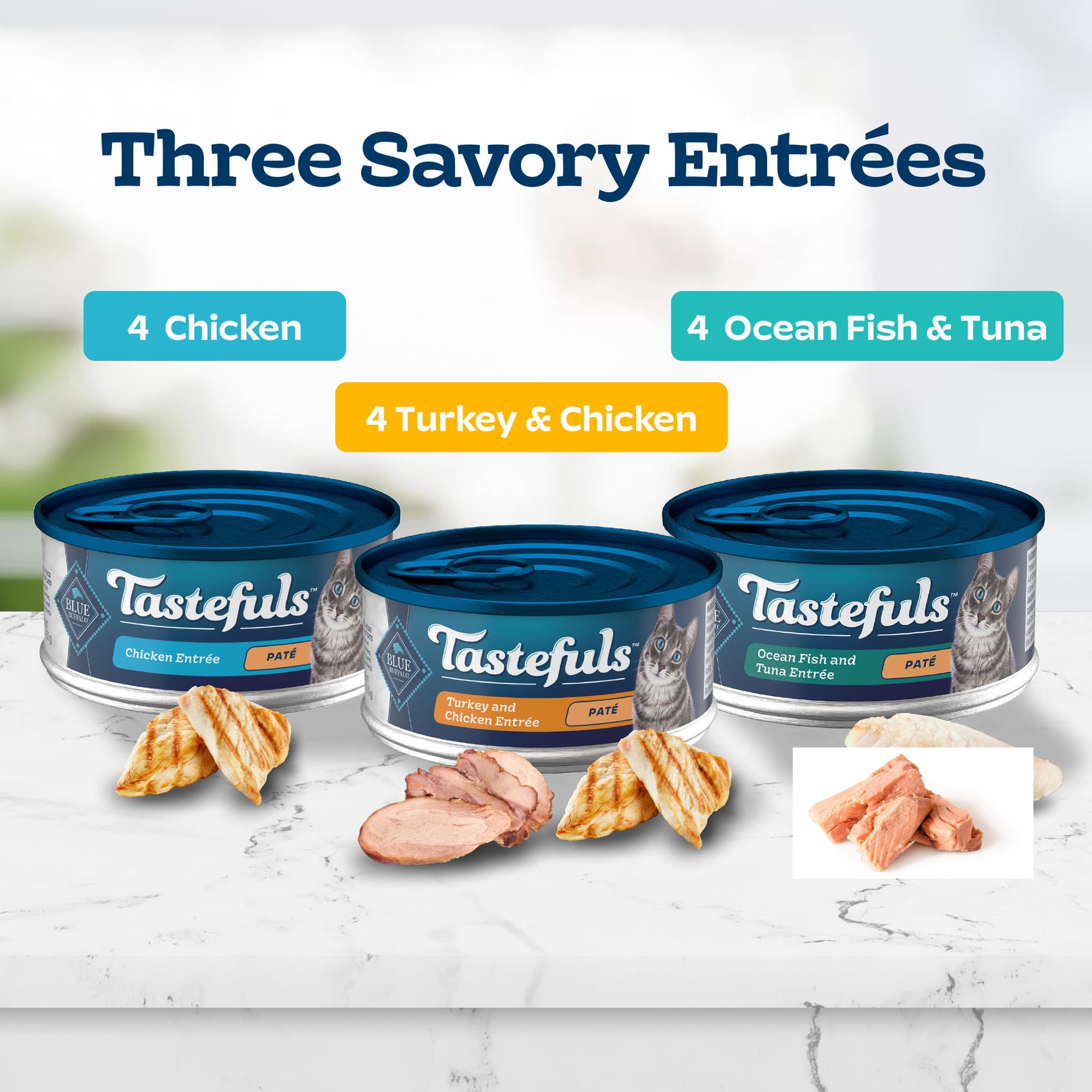 Blue Buffalo Tastefuls variety pack label indicating three flavor options