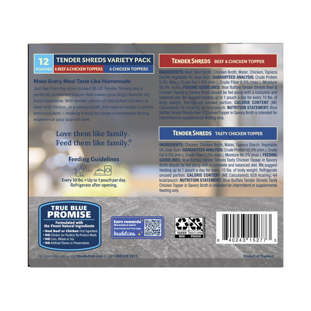 Blue Buffalo Tender Shreds beef & chicken topper pouch adds savory broth to meals.