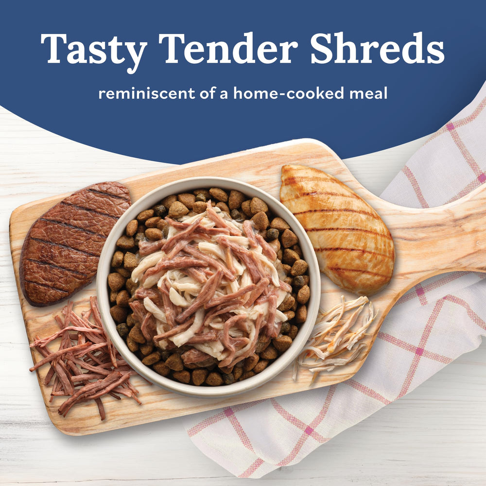 Savory broth and real meat pieces from Blue Buffalo Tender Shreds.