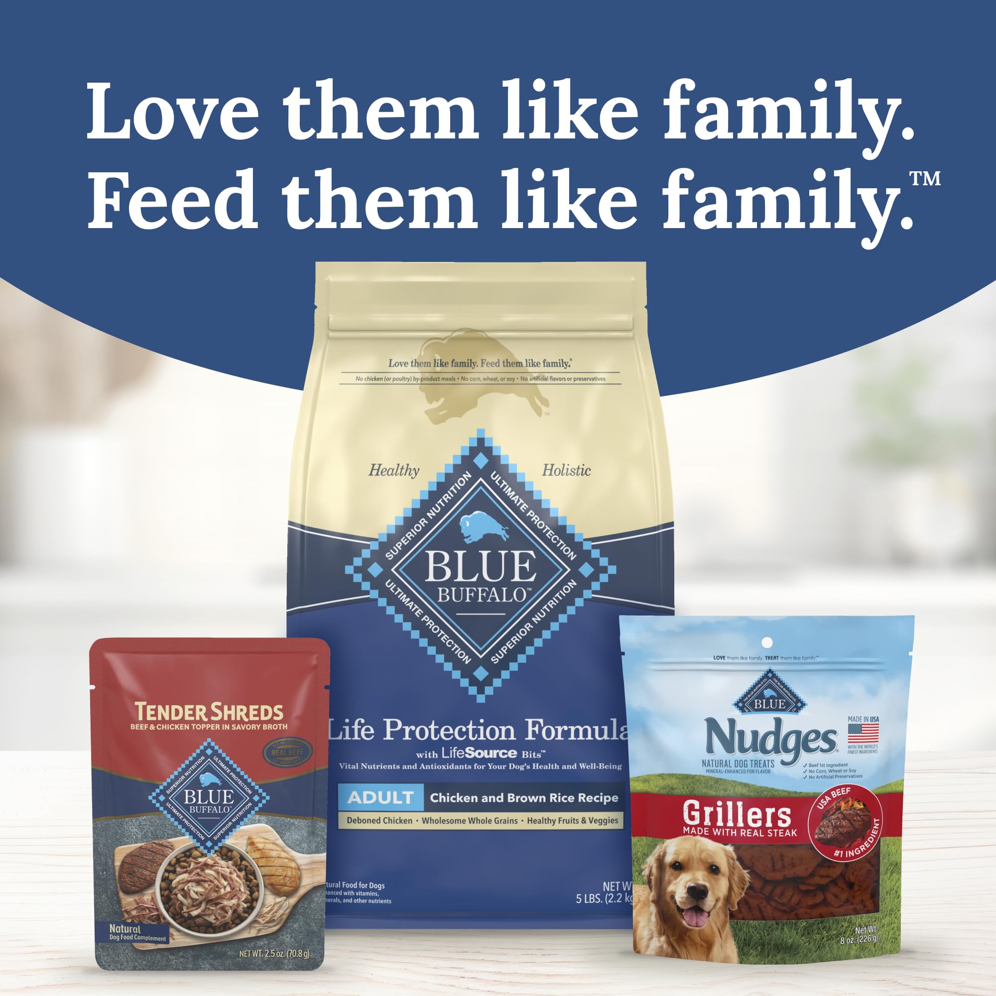 Blue Buffalo Tender Shreds topping enhances dog's meal.