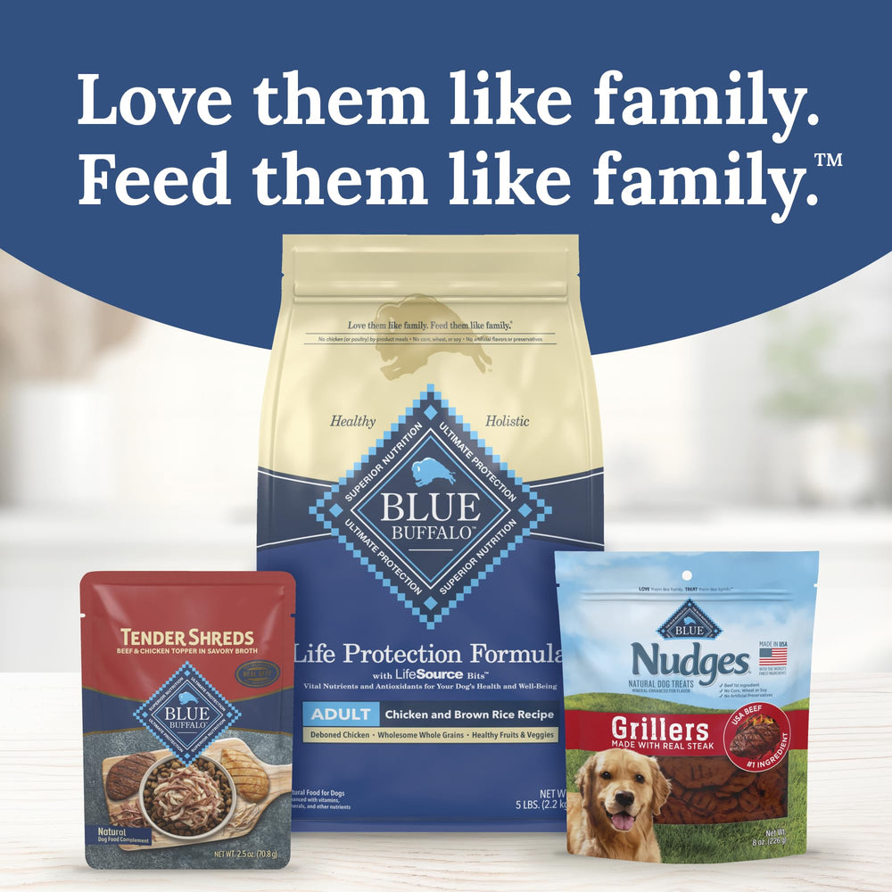 Blue Buffalo Tender Shreds topping enhances dog's meal.