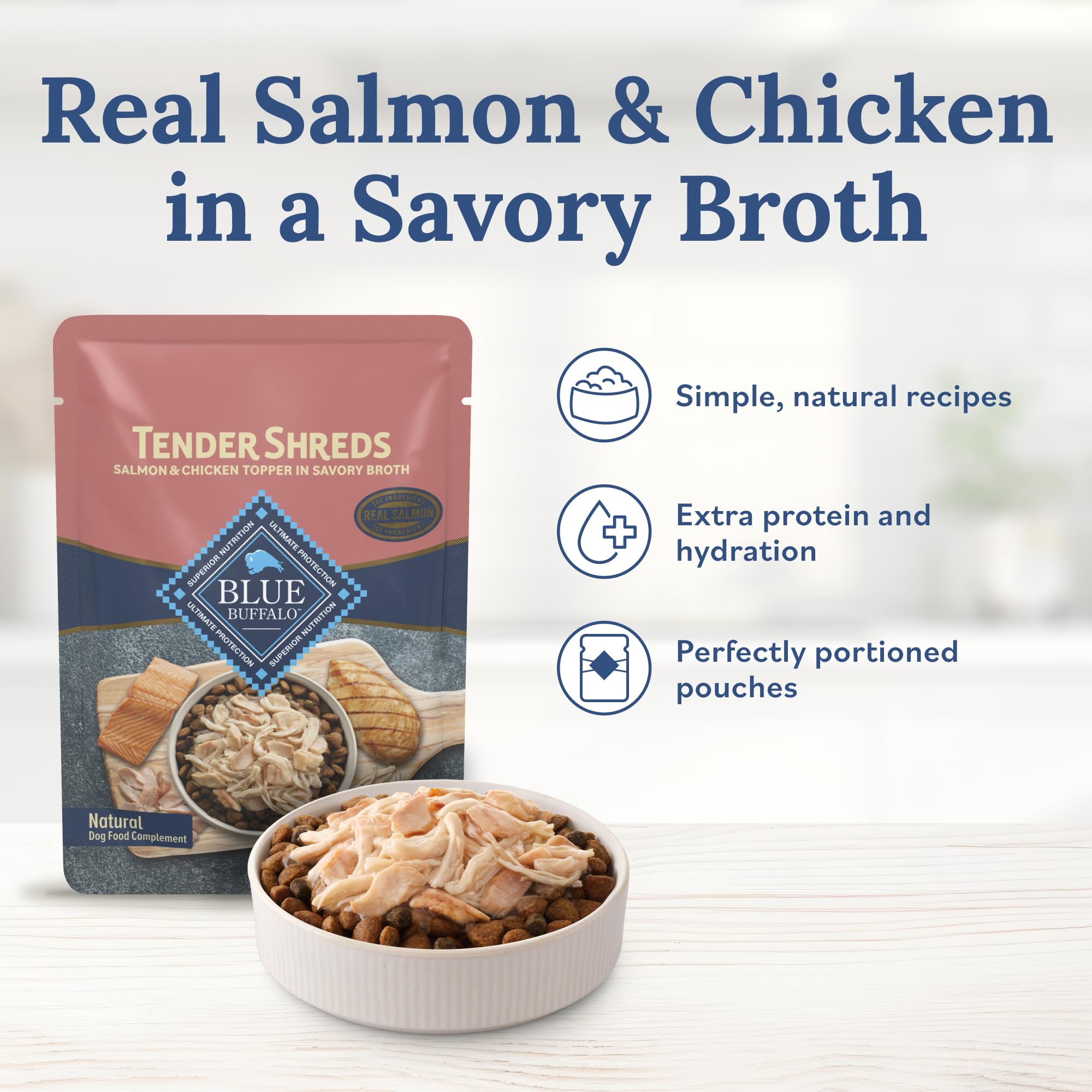 Tender Shreds in savory broth from Blue Buffalo elevate meal aroma and tenderness.