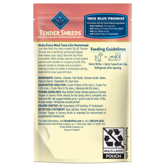 Opened Blue Buffalo Tender Shreds pouch ready to mix with kibble for flavor.