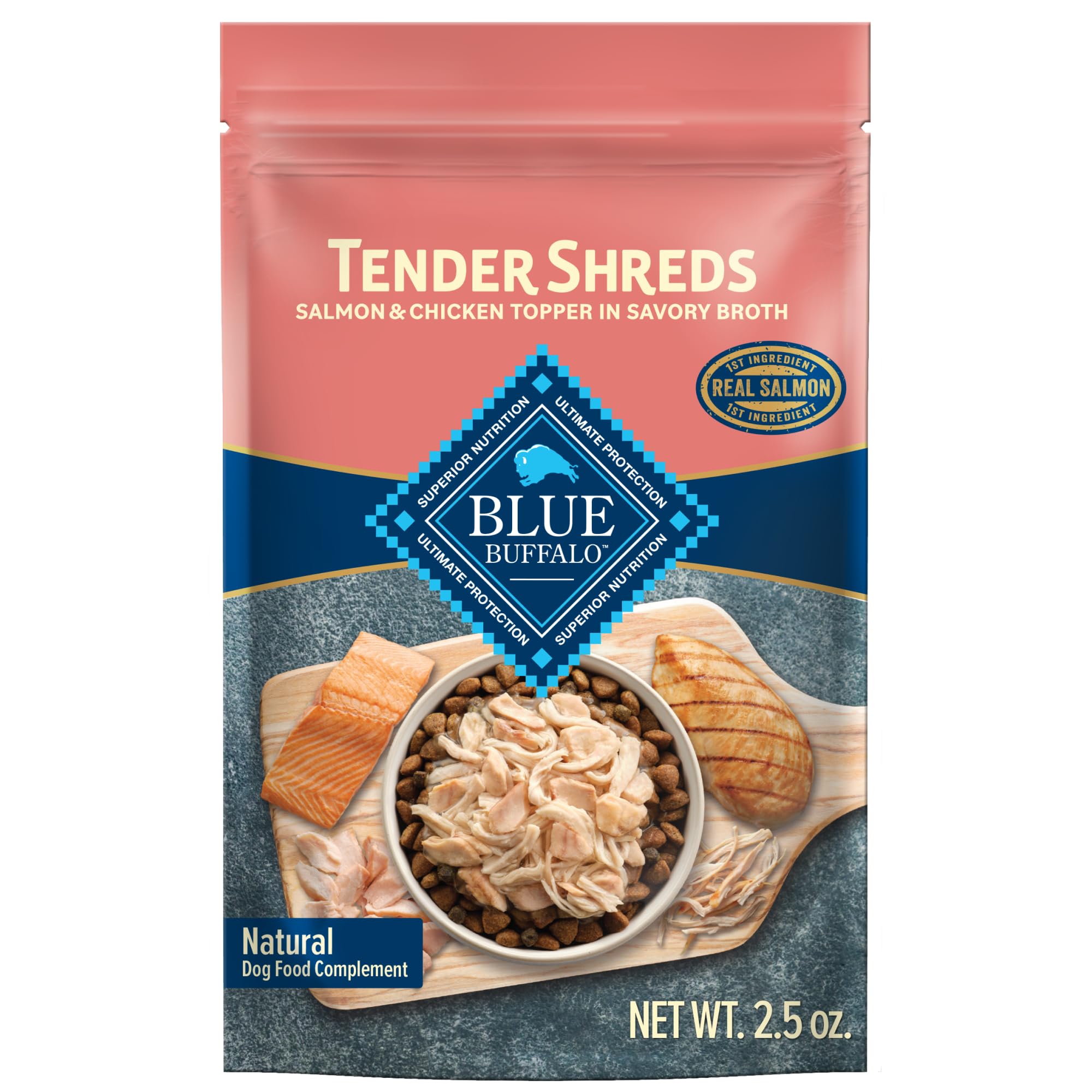 Blue Buffalo Tender Shreds toppers pouch adds easy, flavorful boost to dry dog meals.