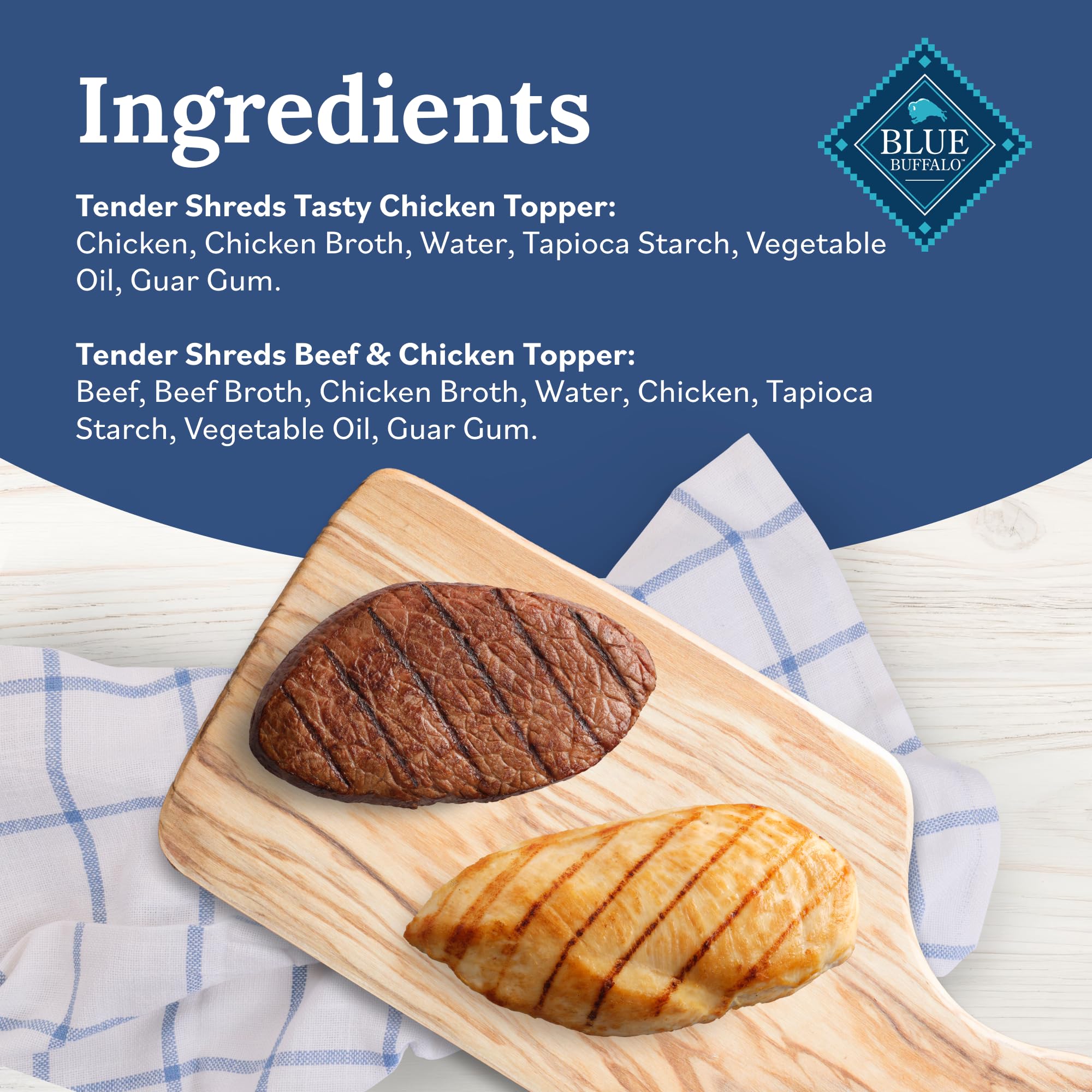 Blue Buffalo Tender Shreds variety pack packshot shows two flavors in pouches.