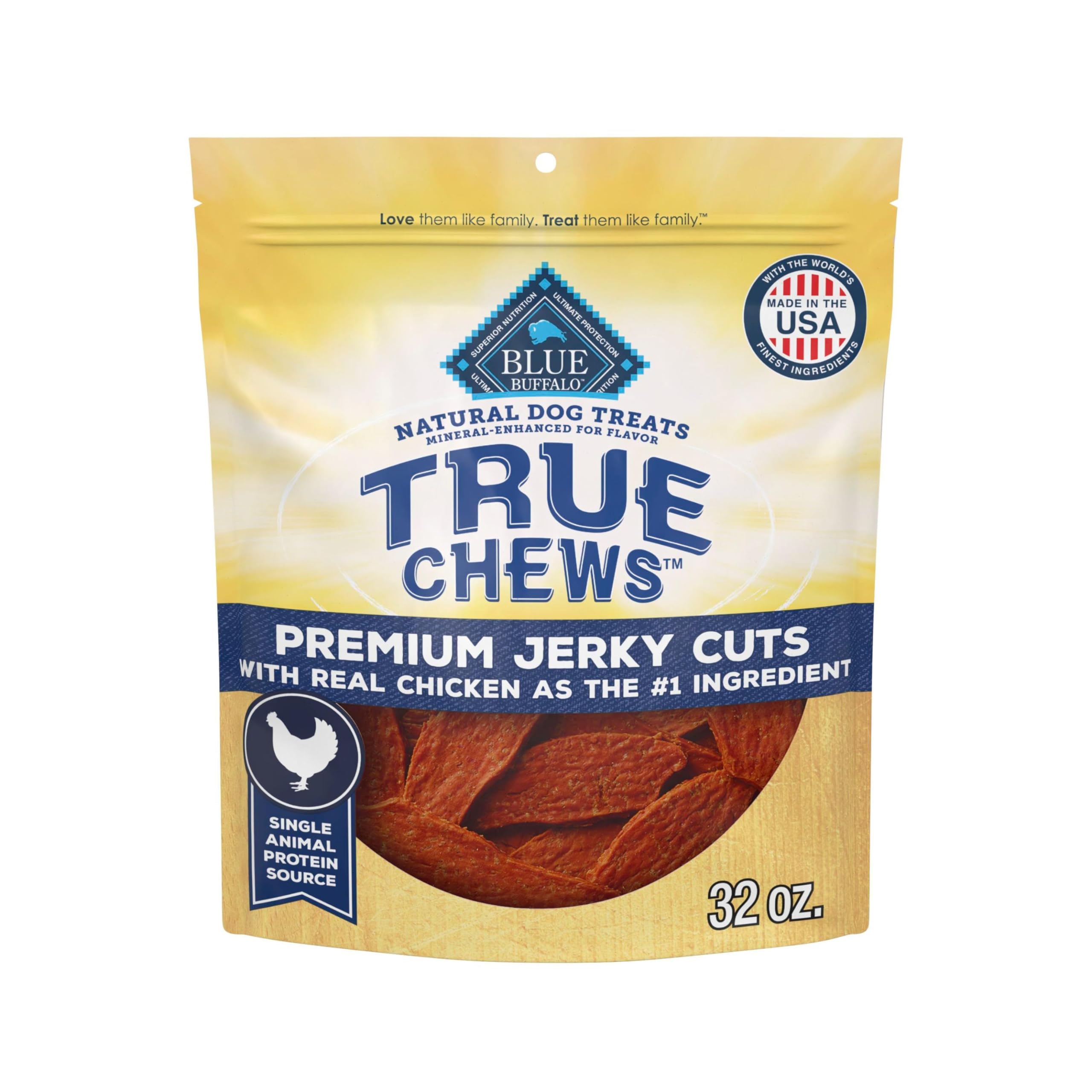 Blue Buffalo True Chews Jerky Cuts bag front view showing real chicken recipe for dogs