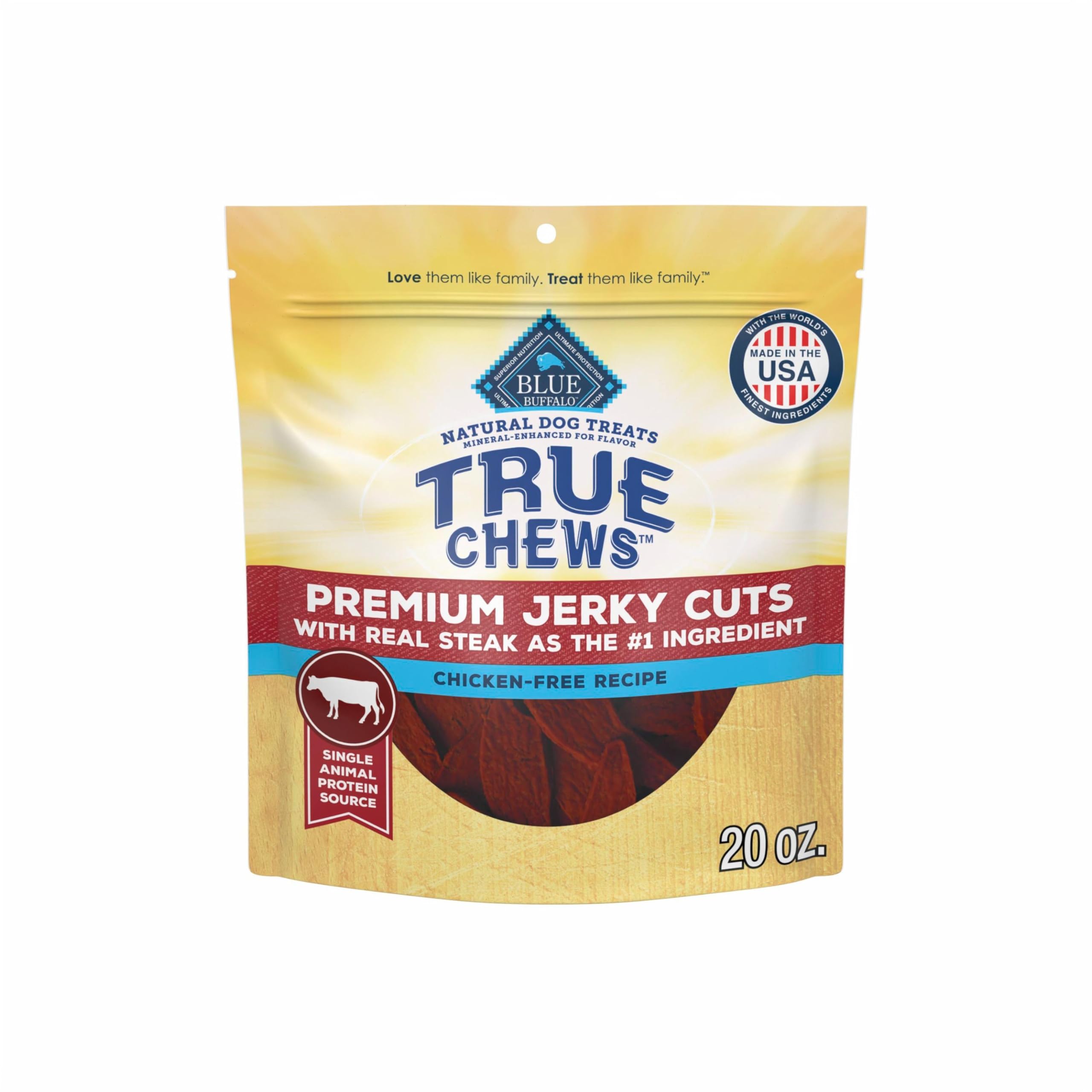 Blue Buffalo True Chews Jerky Cuts Beef packaging highlighting USA-made natural ingredients for rewards