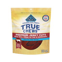 Blue Buffalo True Chews beef jerky packaging highlighting real beef and USA-made quality.