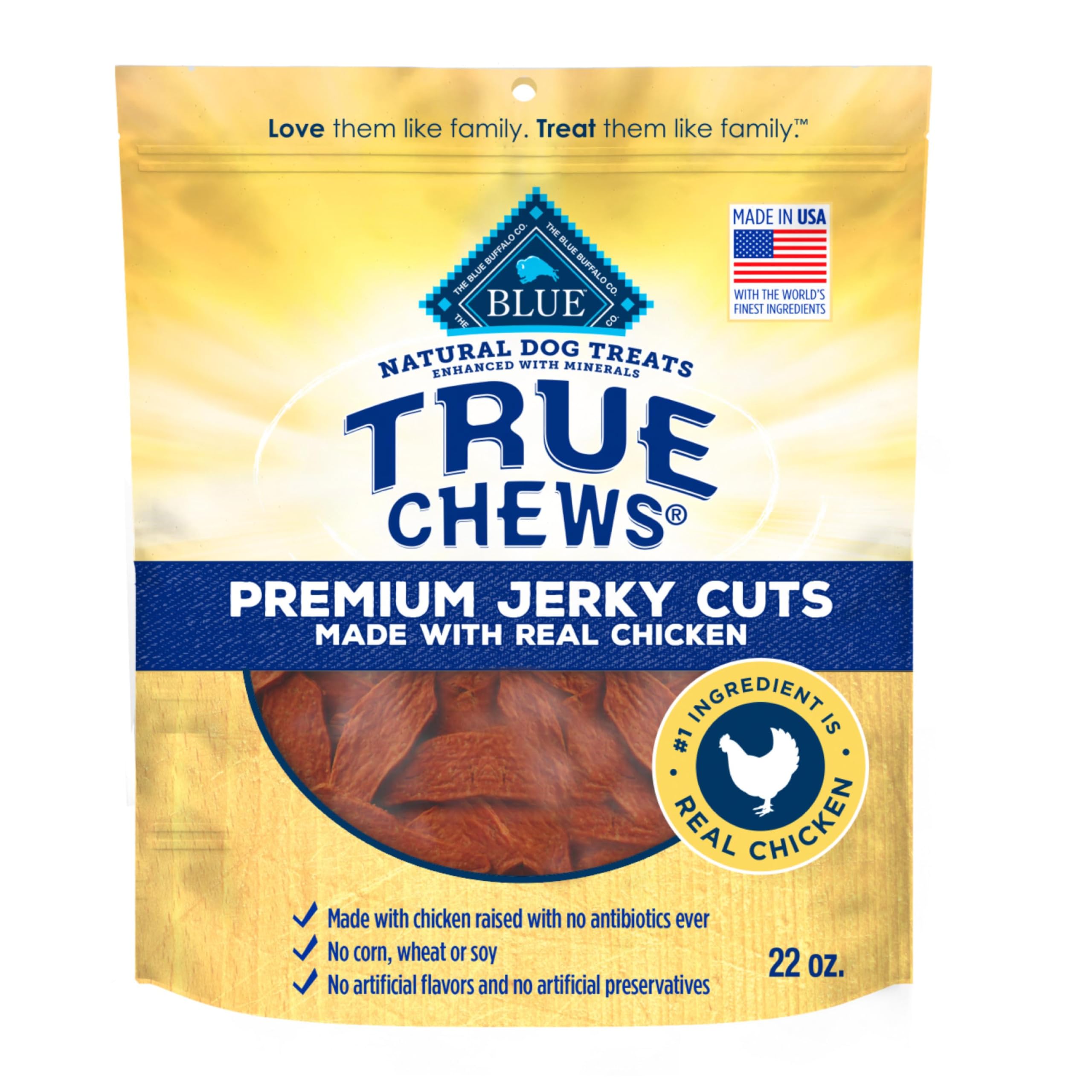 Blue Buffalo True Chews jerky bag showing chicken flavor and size, ideal for rewards.