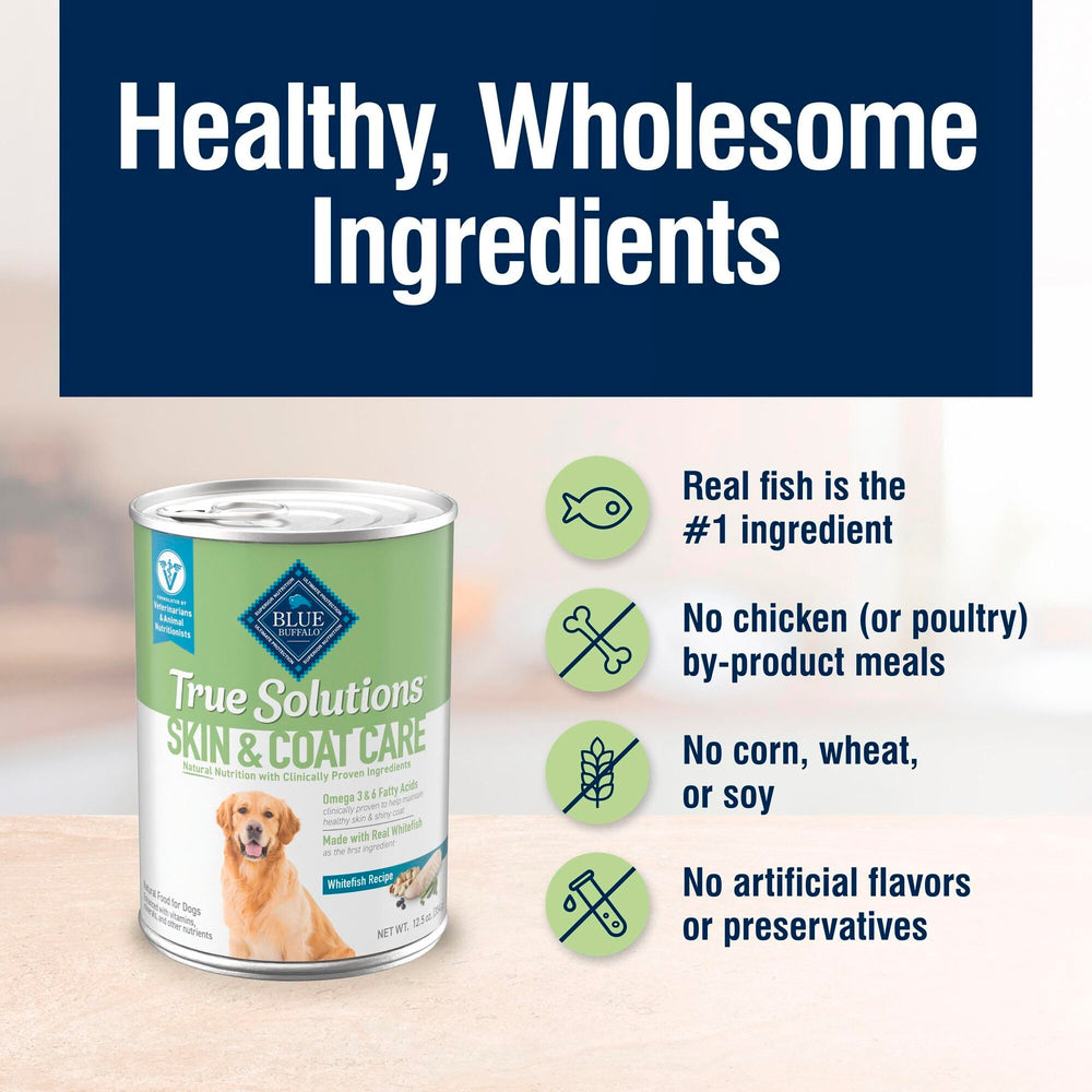 Blue Buffalo True Solutions coat shine is depicted in the dog food image.