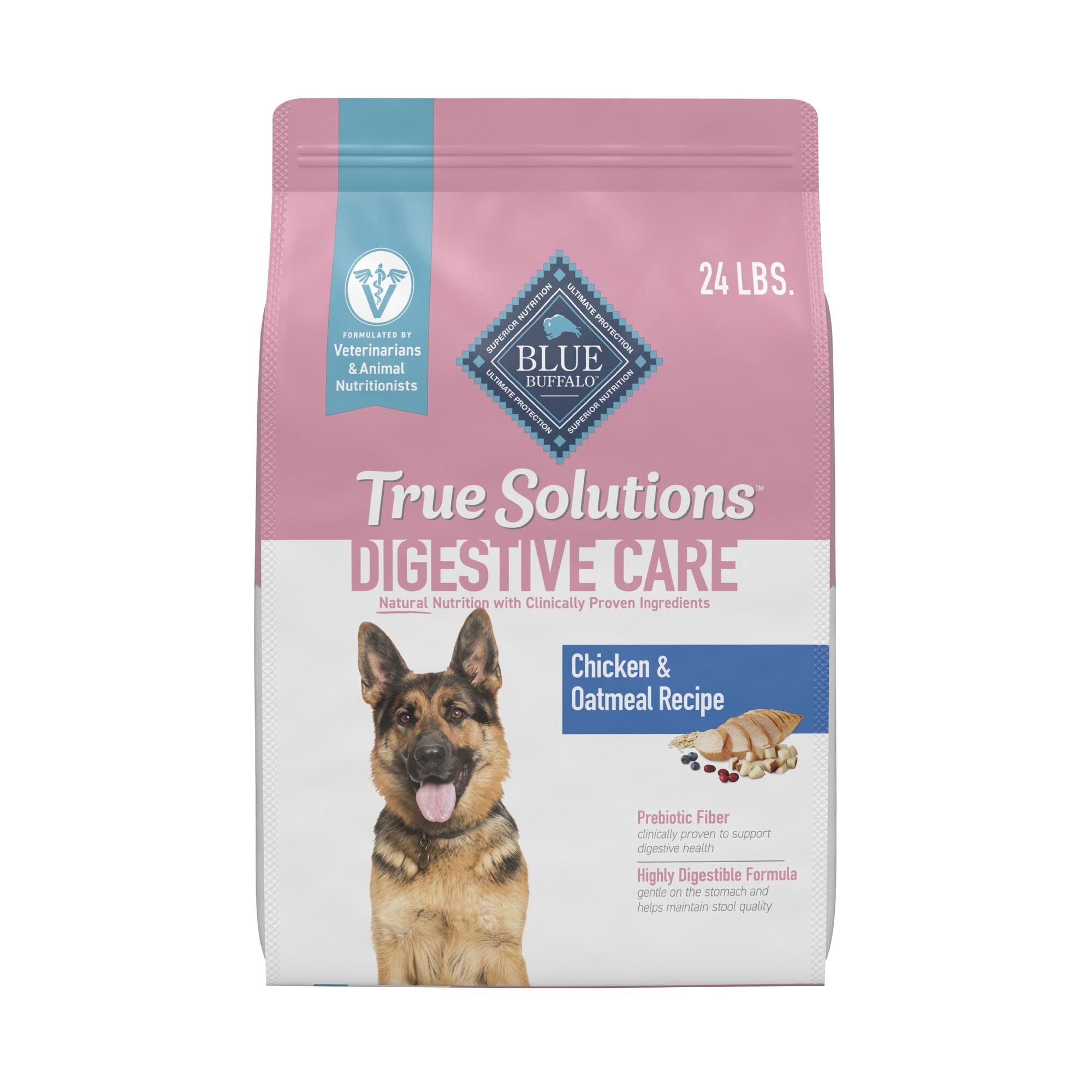 Blue Buffalo True Solutions digestive care bag front highlighting real chicken first ingredient.