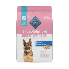 Blue Buffalo True Solutions digestive care bag front highlighting real chicken first ingredient.