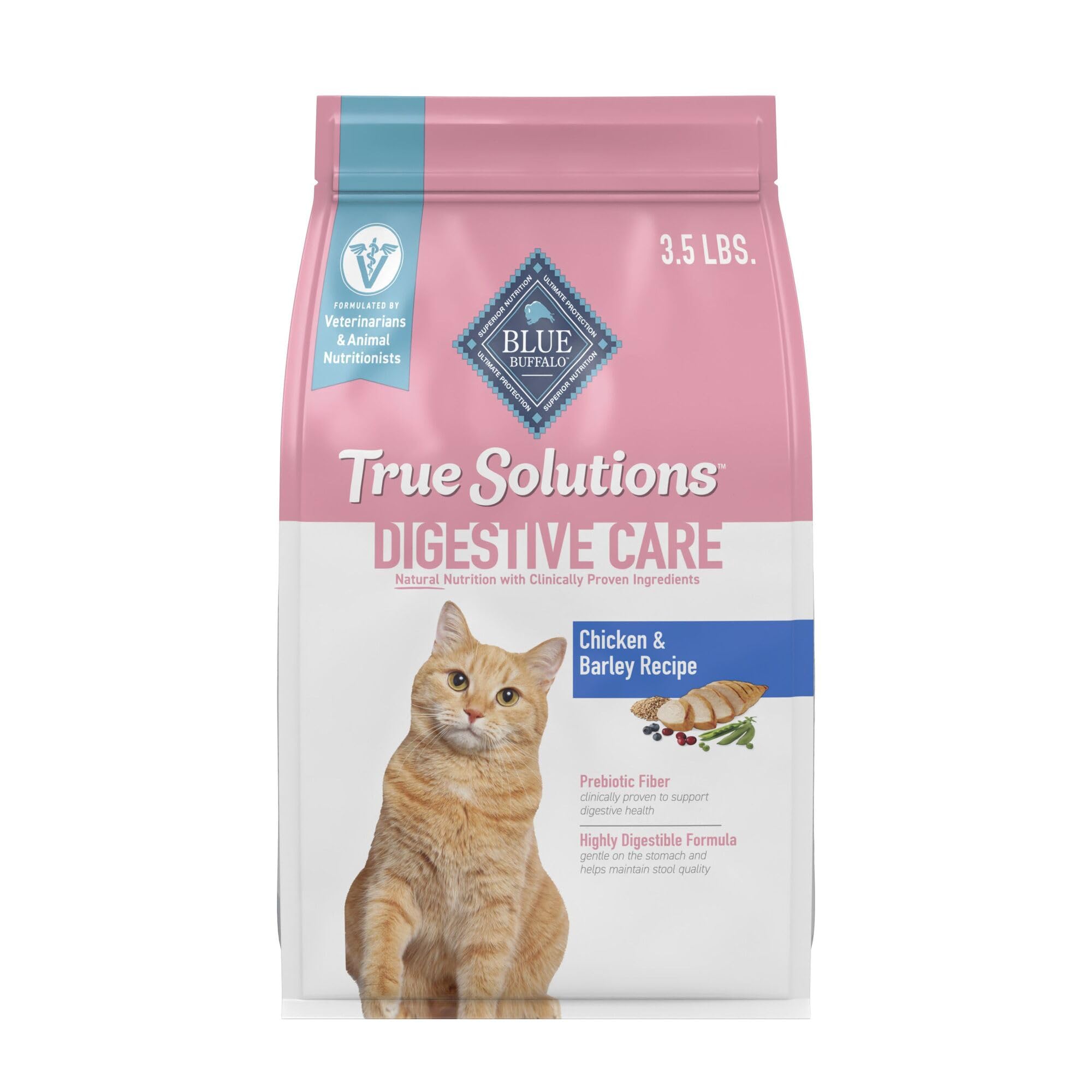Blue Buffalo True Solutions Digestive Care dry cat food bag featuring real chicken first ingredient.