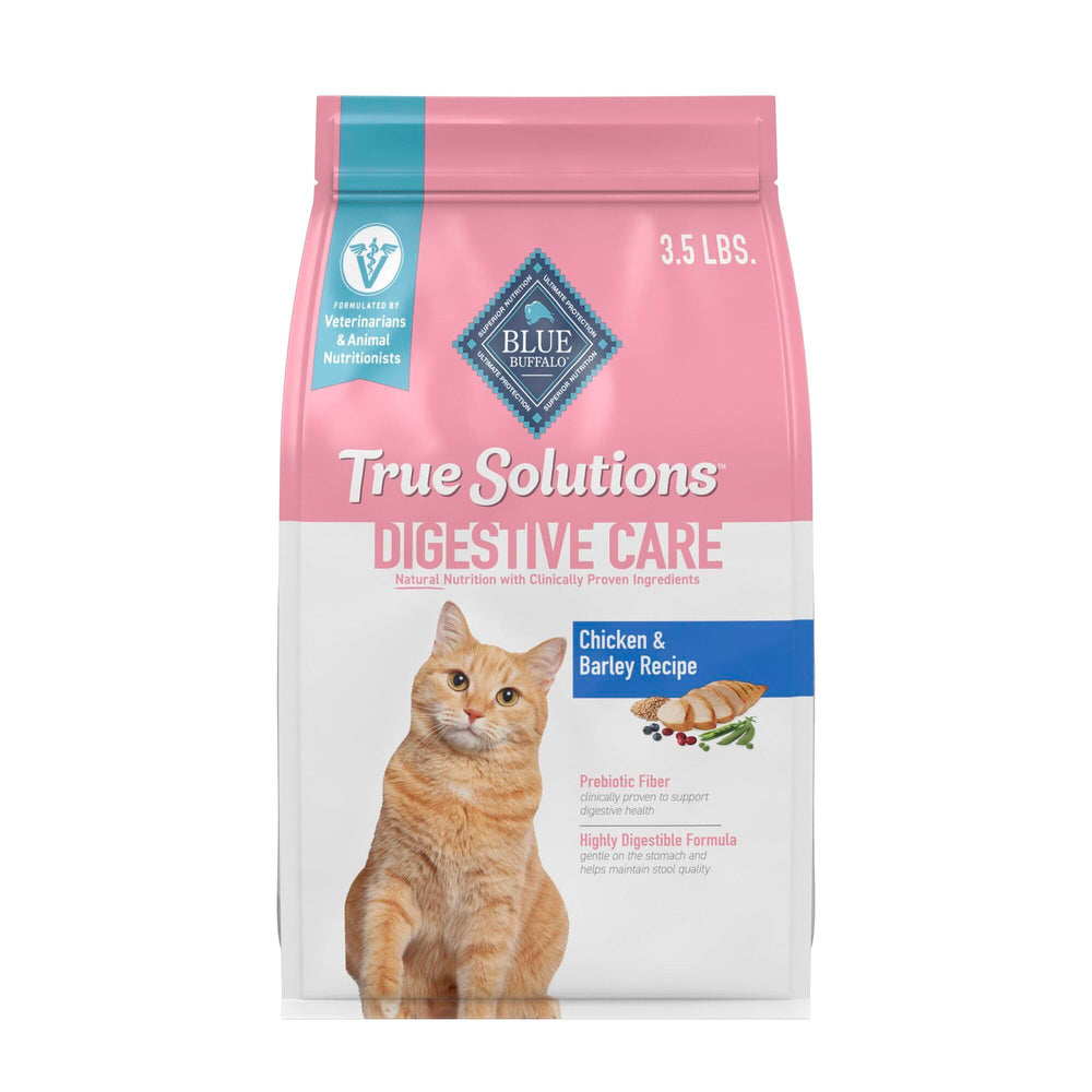Blue Buffalo True Solutions Digestive Care dry cat food bag featuring real chicken first ingredient.