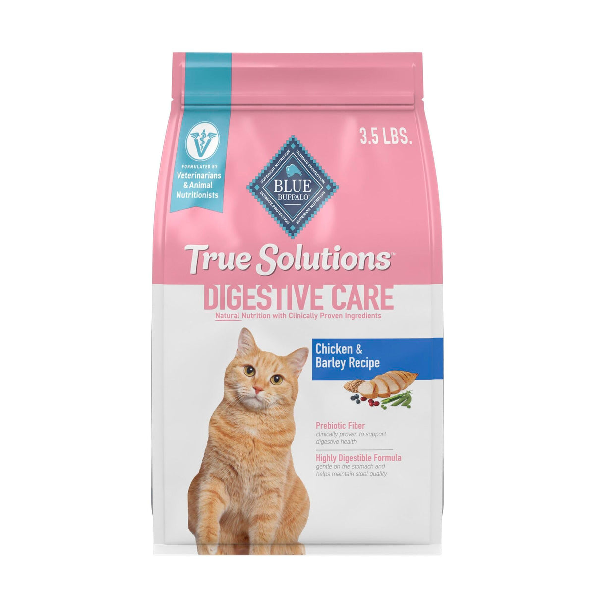 Blue Buffalo True Solutions Digestive Care dry cat food bag featuring real chicken first ingredient.
