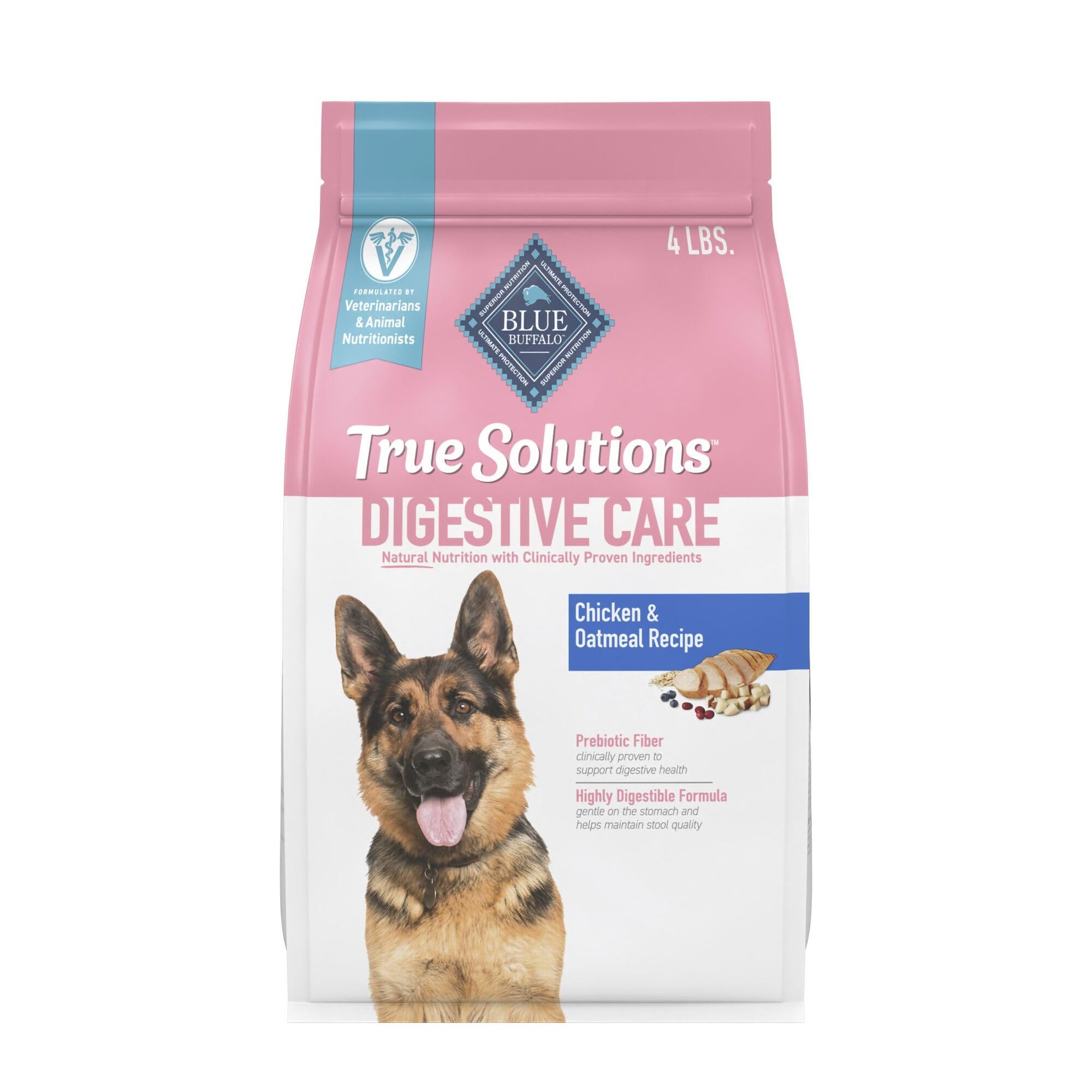 Blue Buffalo True Solutions Digestive Care bag front shows real chicken for digestibility.