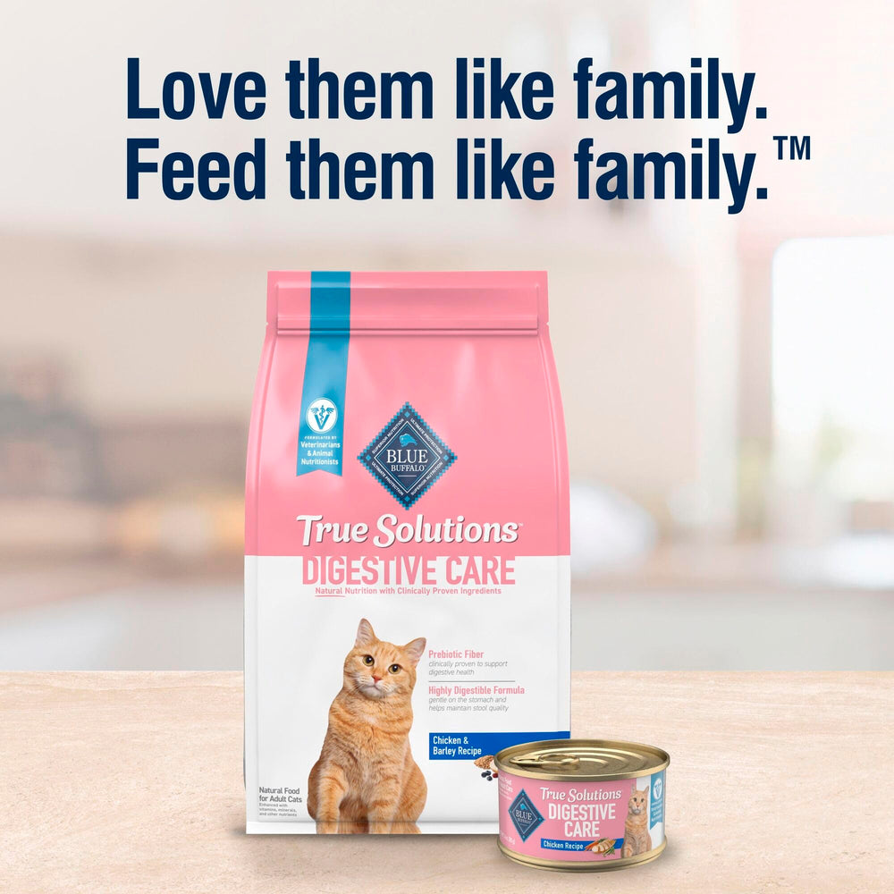 Blue Buffalo True Solutions Digestive Care packaging options showing different sizes for convenient feeding.