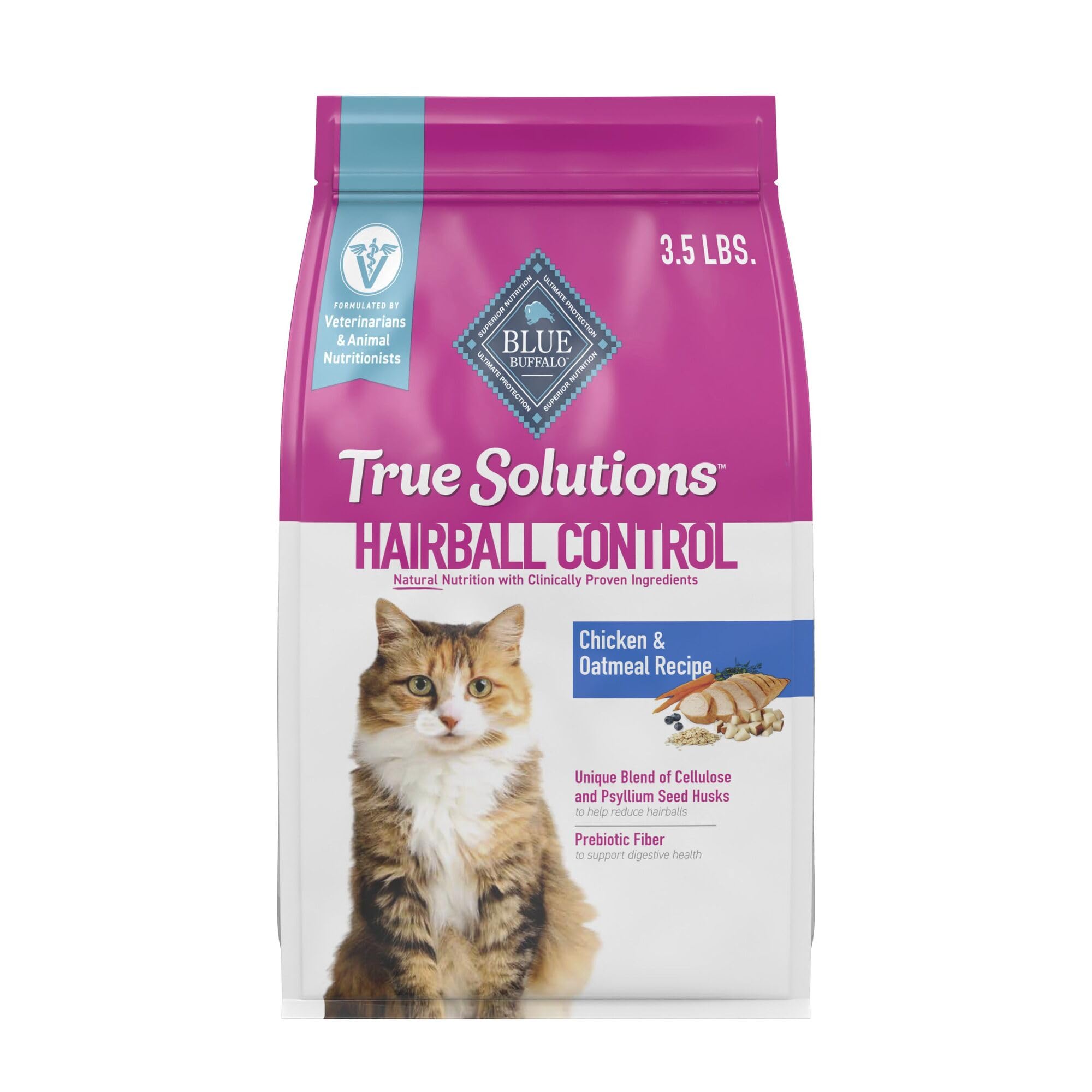 Blue Buffalo True Solutions Hairball Control bag front with natural ingredients visible
