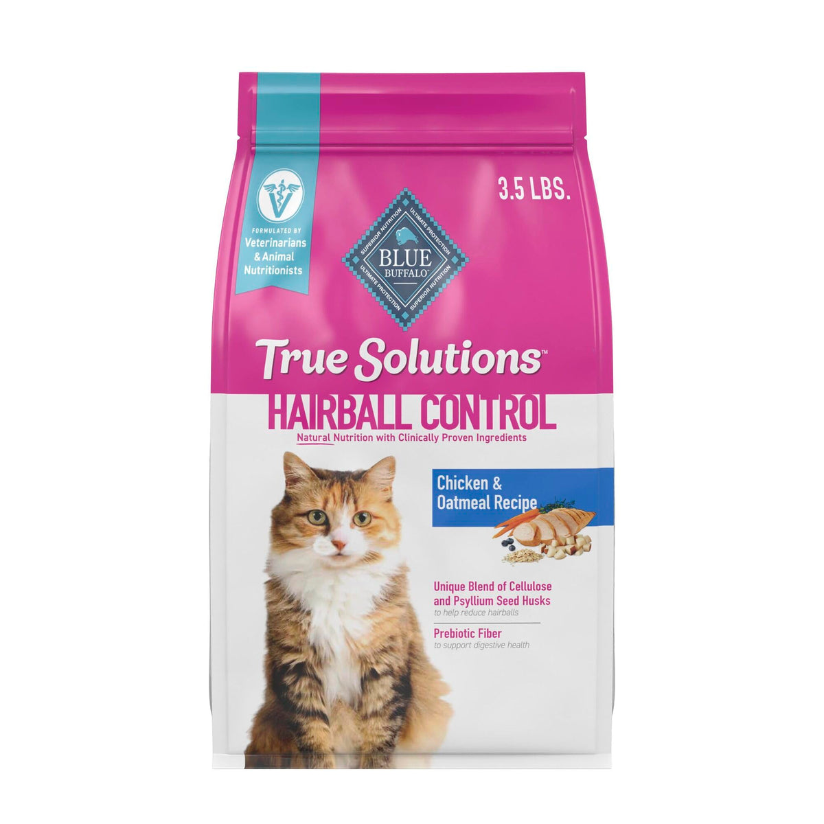 Blue Buffalo True Solutions Hairball Control bag front with natural ingredients visible