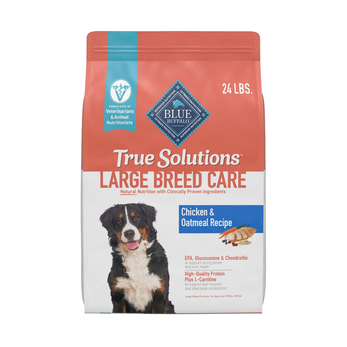 Blue Buffalo True Solutions Large Breed Care dry dog food bag highlights premium formula for large dogs.