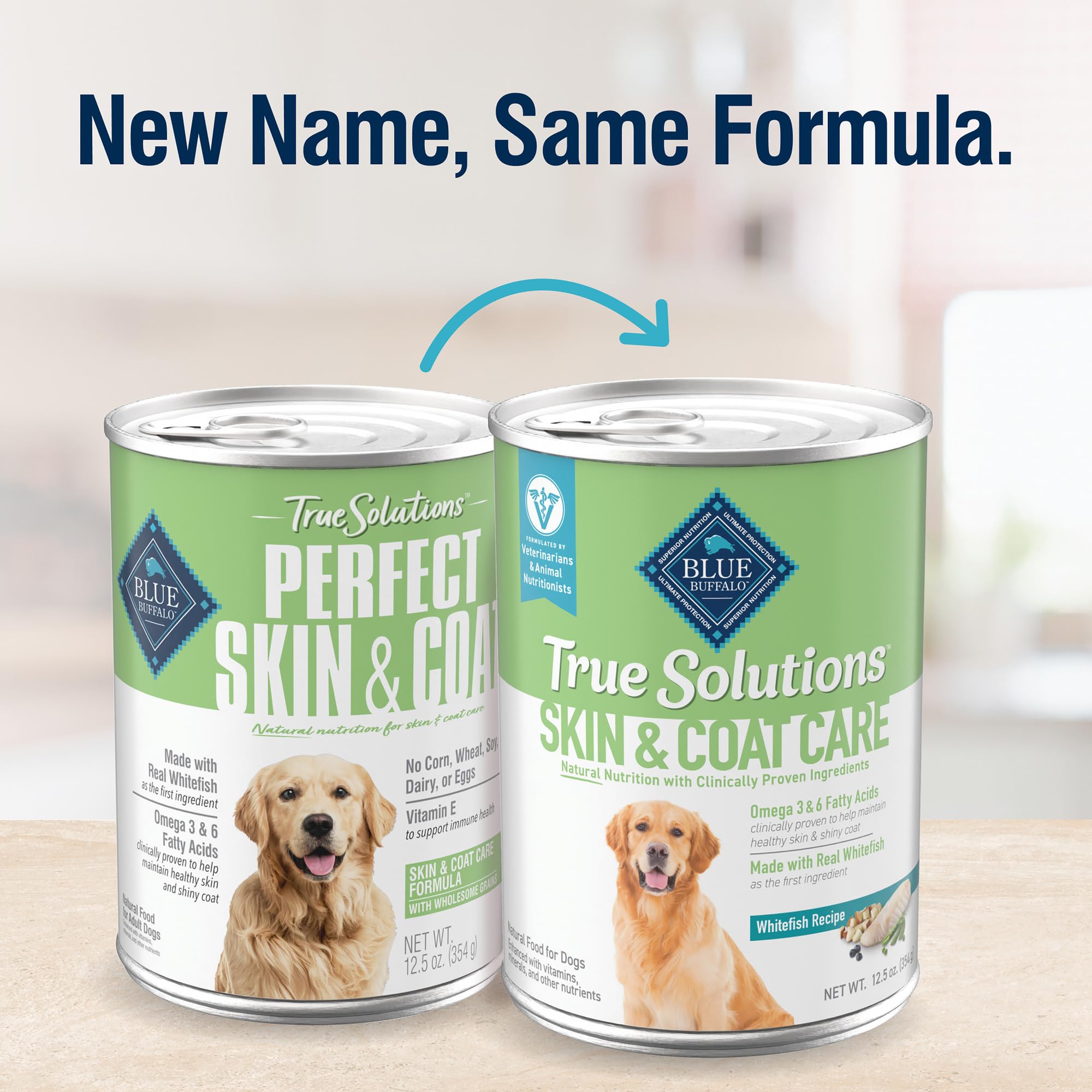 Blue Buffalo True Solutions packaging emphasizes no chicken-by-product meals for cleaner ingredients.