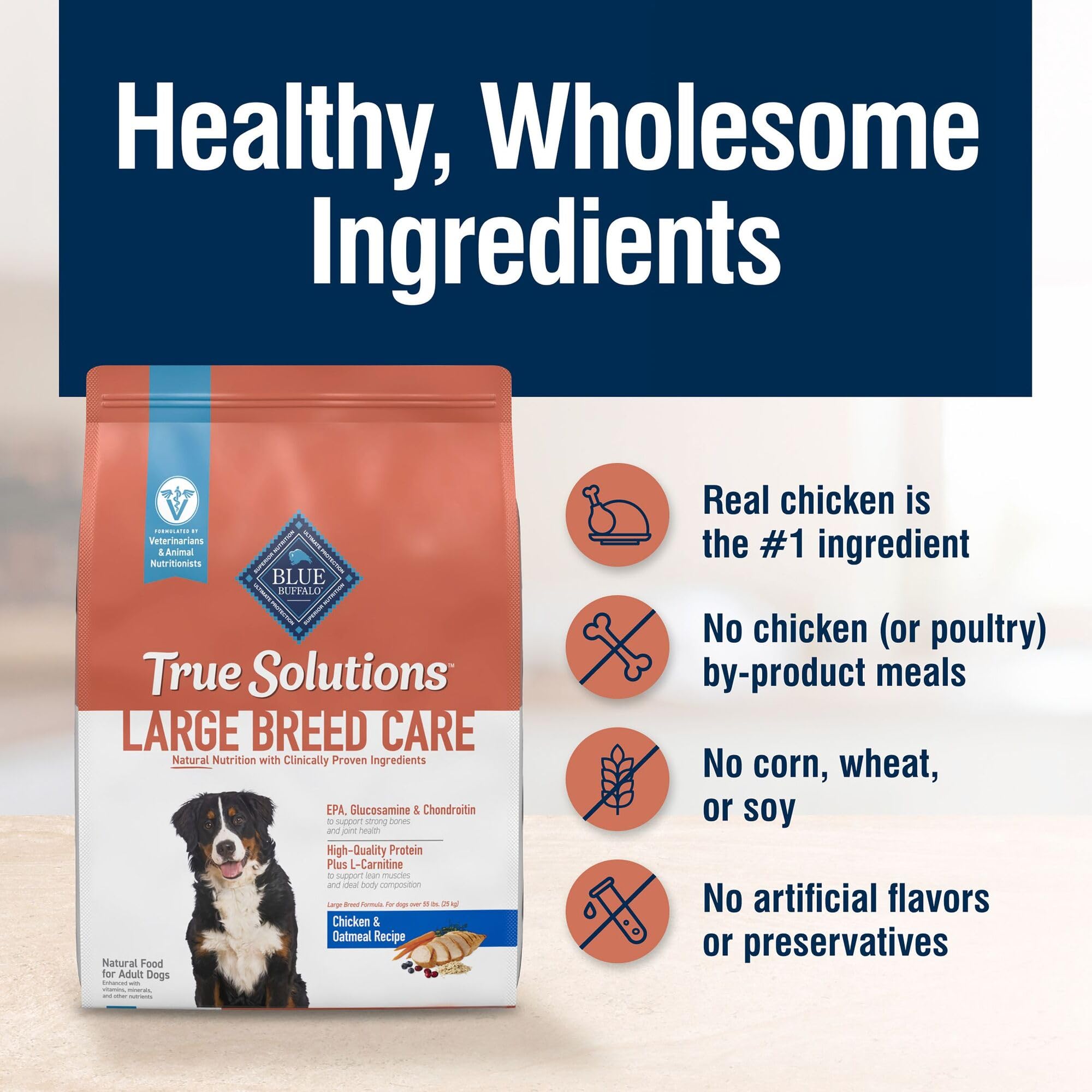 Blue Buffalo True Solutions excludes chicken by-products for a cleaner protein profile.
