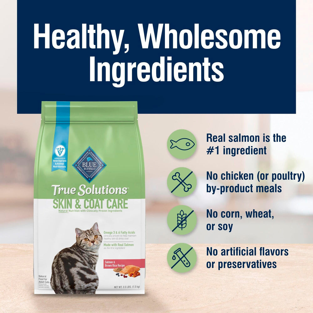 Blue Buffalo True Solutions Non-corn-soy-wheat image highlights grain-free style and quality ingredients