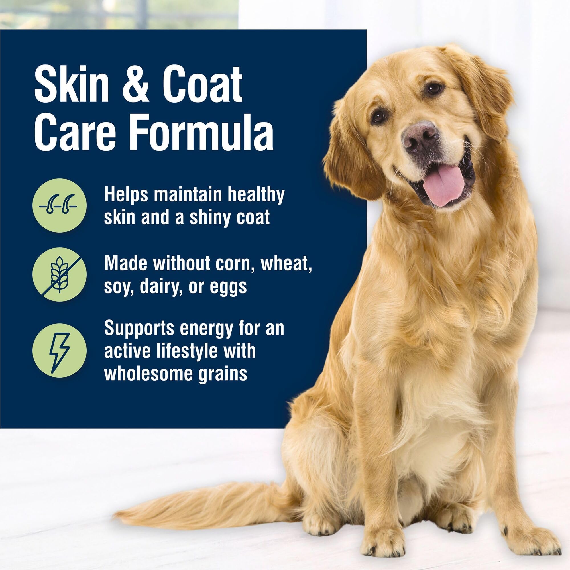 Omega 3 and 6 fatty acids in Blue Buffalo True Solutions support healthy skin and coat.