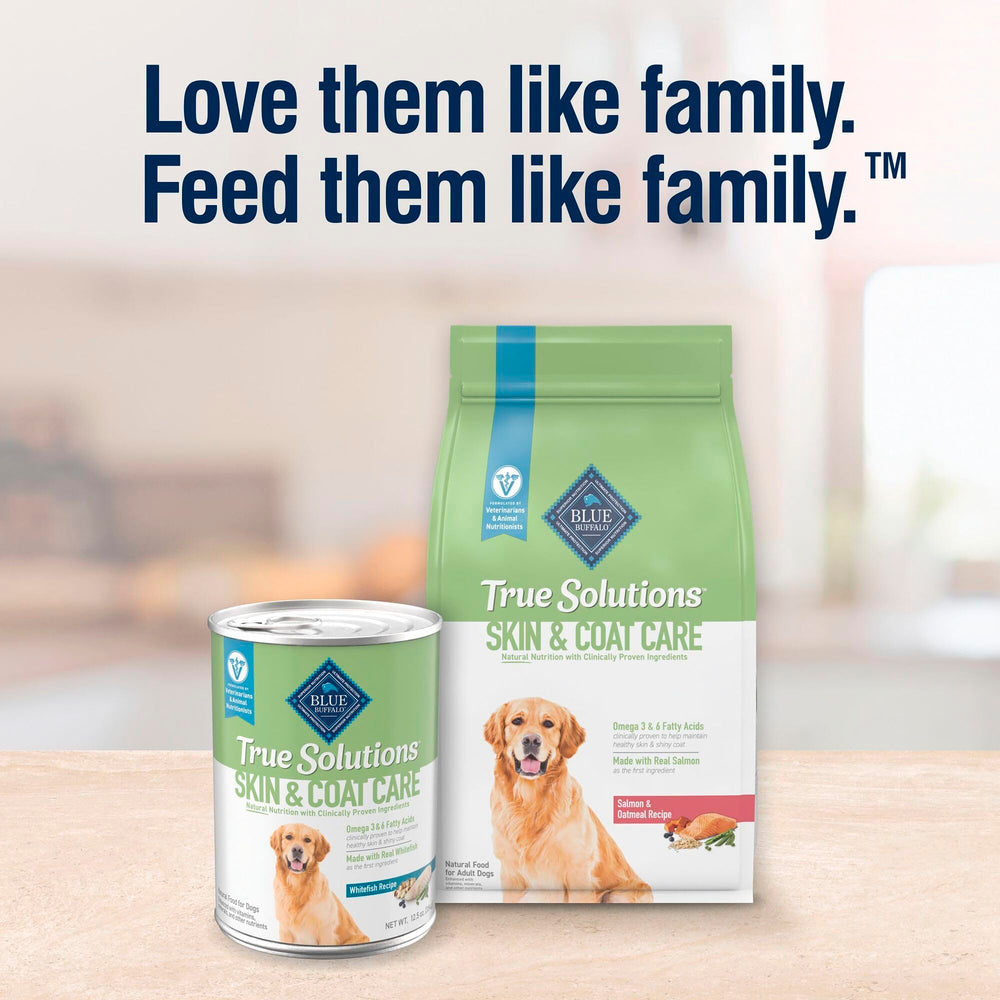 Serving-ready dog food shown in a convenient can format by Blue Buffalo True Solutions.