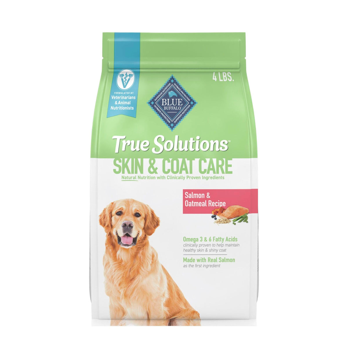 Blue Buffalo True Solutions skin and coat bag 4-lb showing premium ingredients