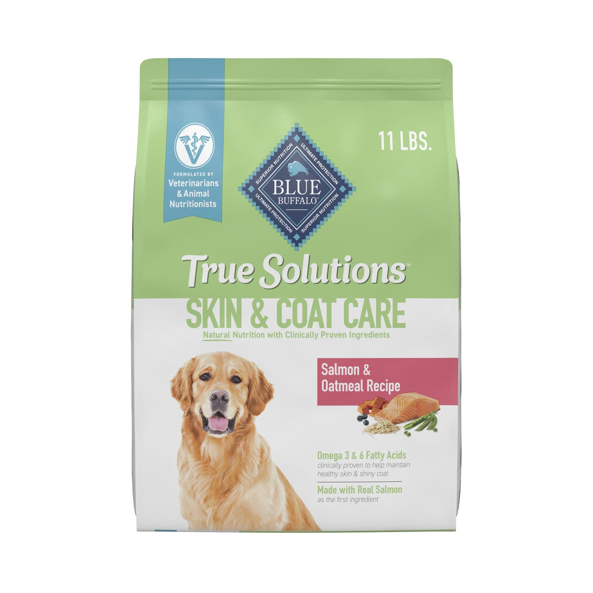 Blue Buffalo True Solutions bag highlighting real salmon first ingredient for healthy shine
