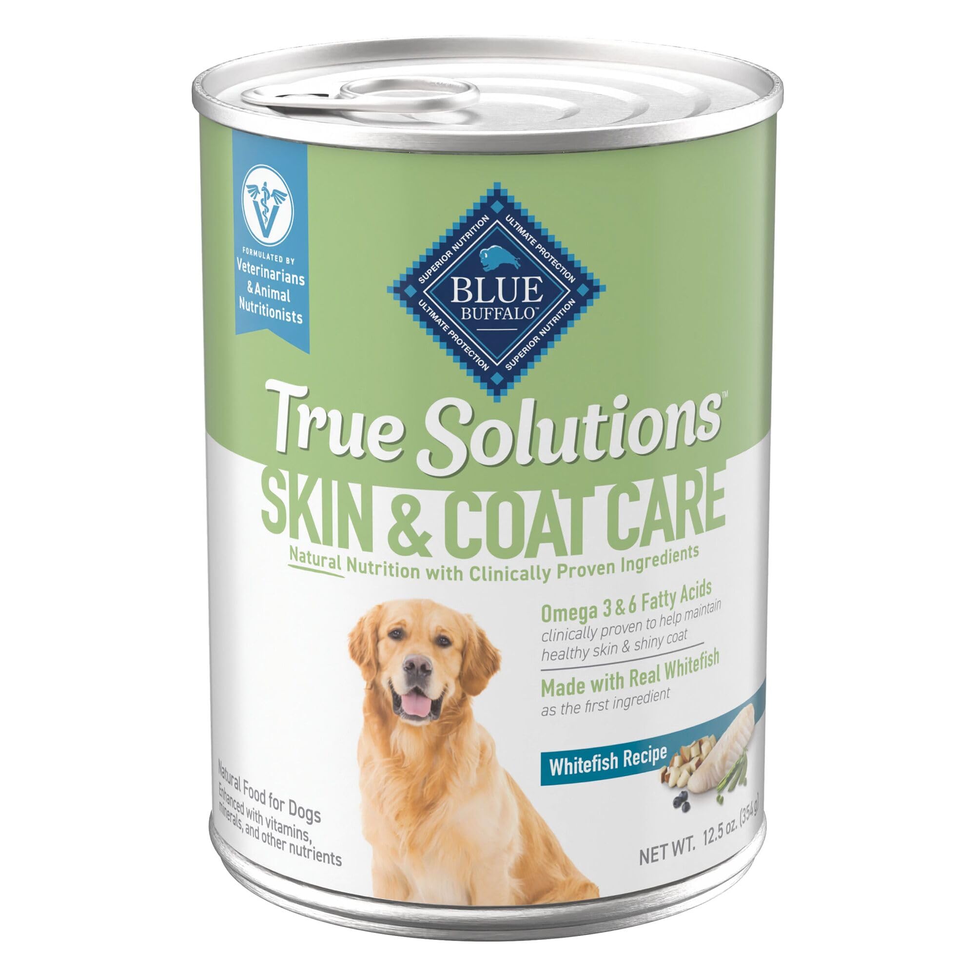 Blue Buffalo True Solutions whitefish can highlights real meat first for adult dogs.