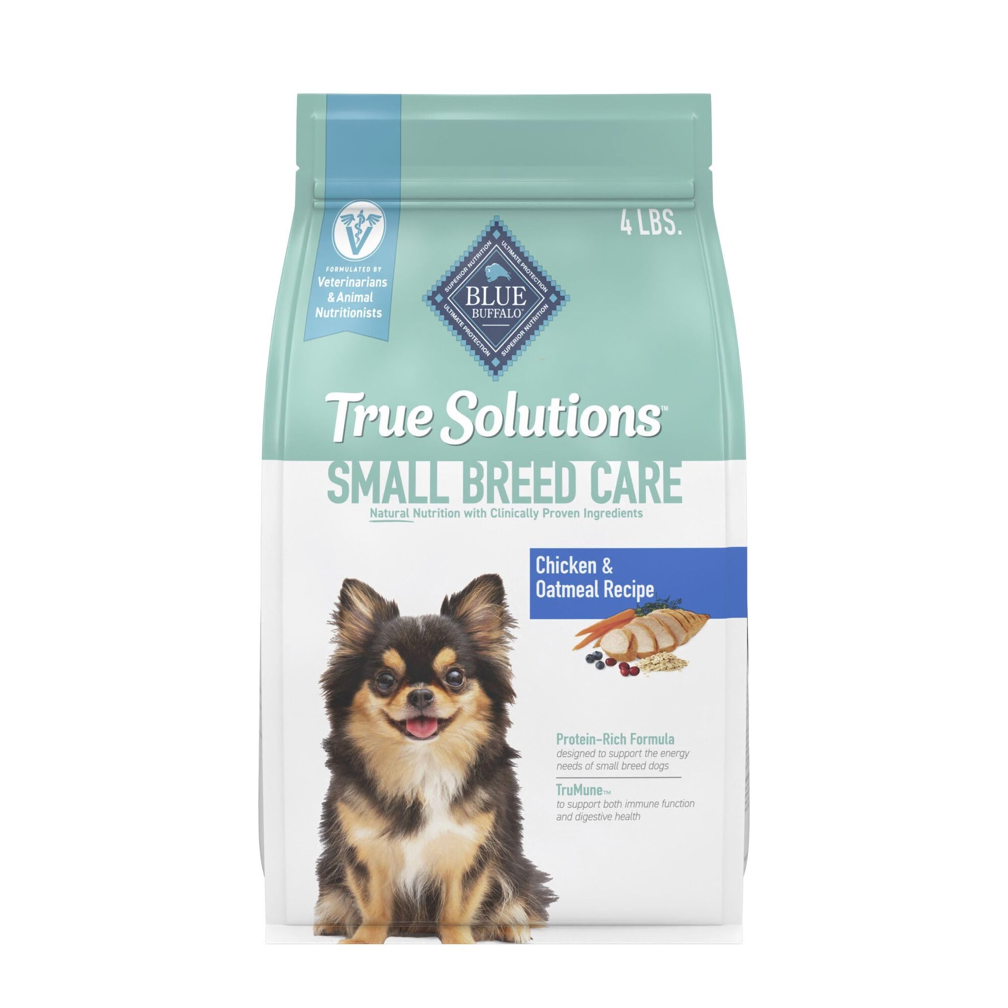 Blue Buffalo True Solutions Small Breed Care bag front highlights premium formula for energized small dogs