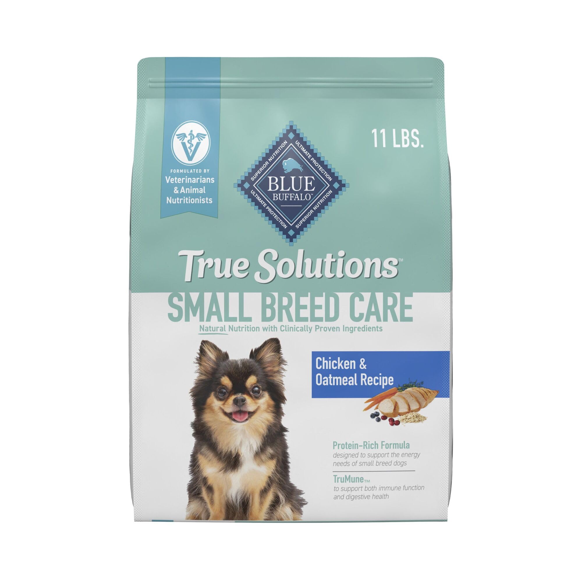 Blue Buffalo True Solutions Small Breed Care packaging shows an 11-lb bag for easy feeding