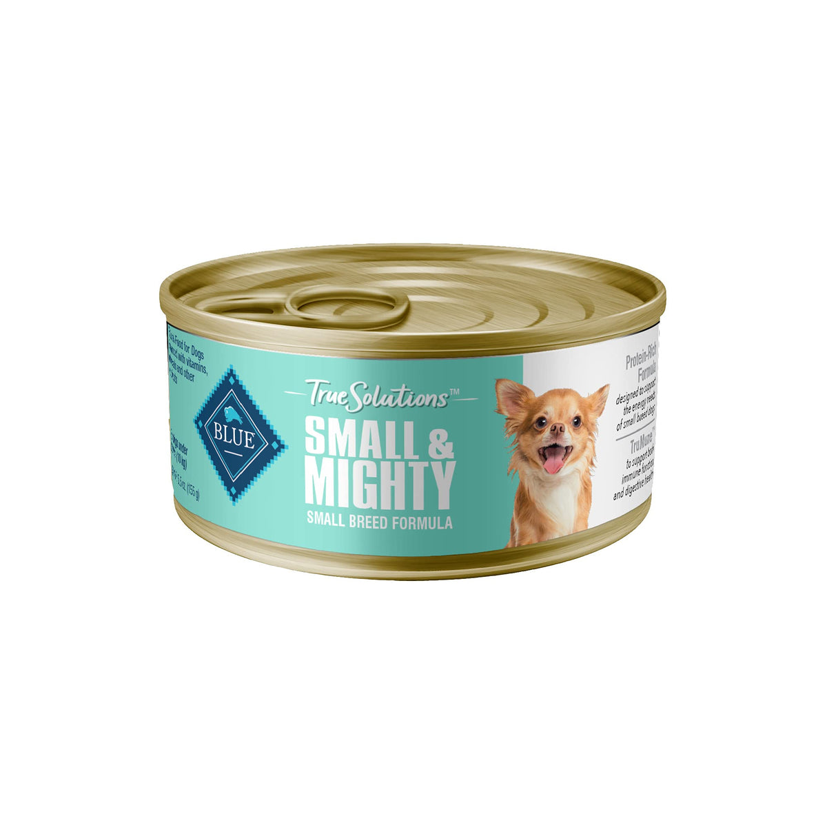 Blue Buffalo True Solutions Small & Mighty wet food cans showing real chicken first for small dogs.