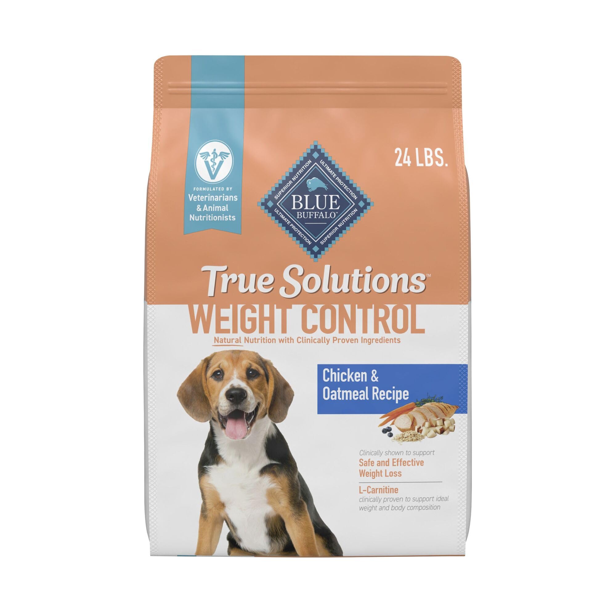 Blue Buffalo True Solutions Weight Control bag highlighting real chicken as first ingredient