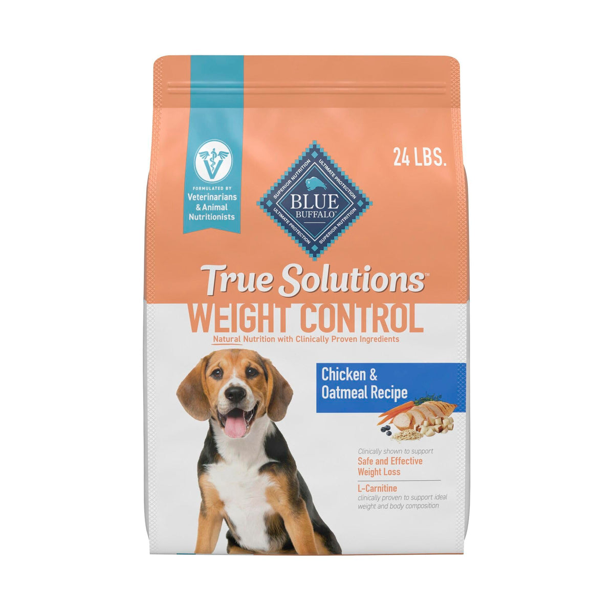 Blue Buffalo True Solutions Weight Control bag highlighting real chicken as first ingredient