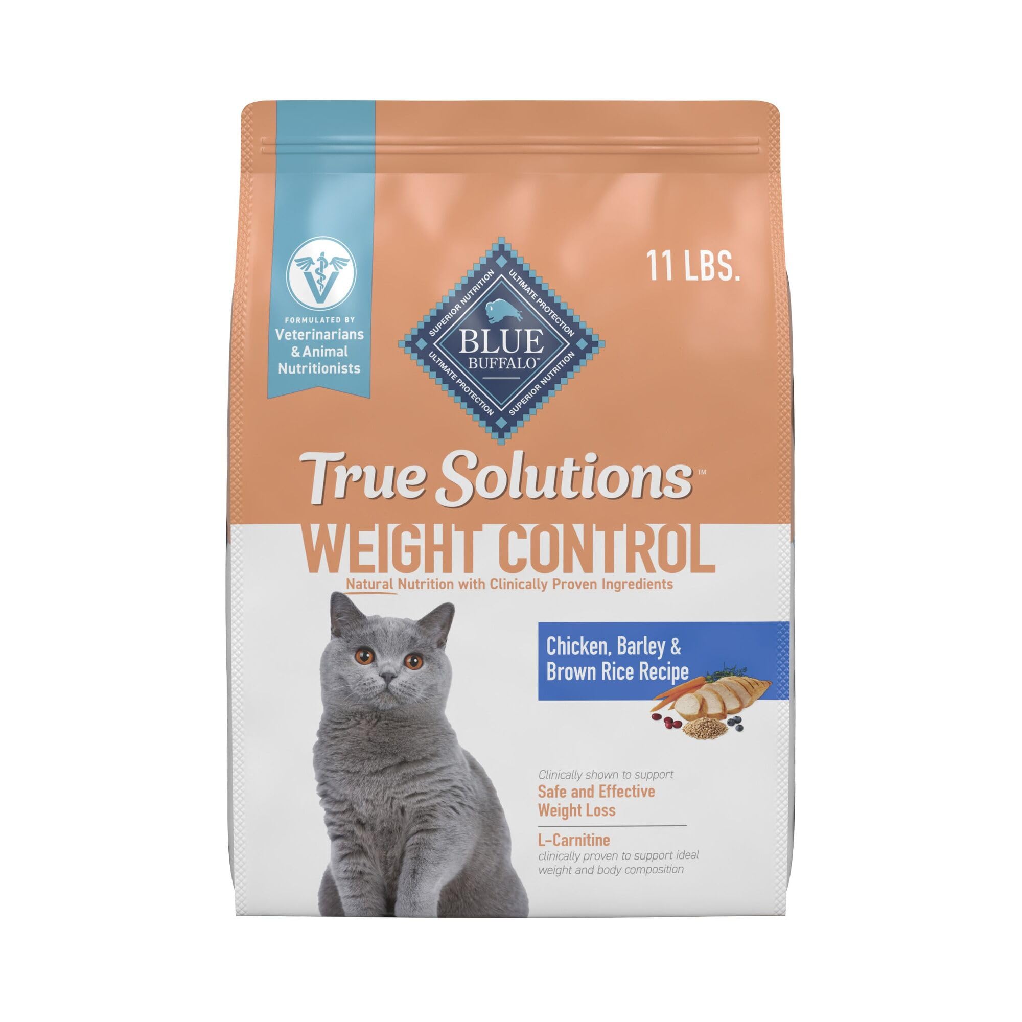Blue Buffalo True Solutions weight-control bag front promotes healthy weight management for adult cats.