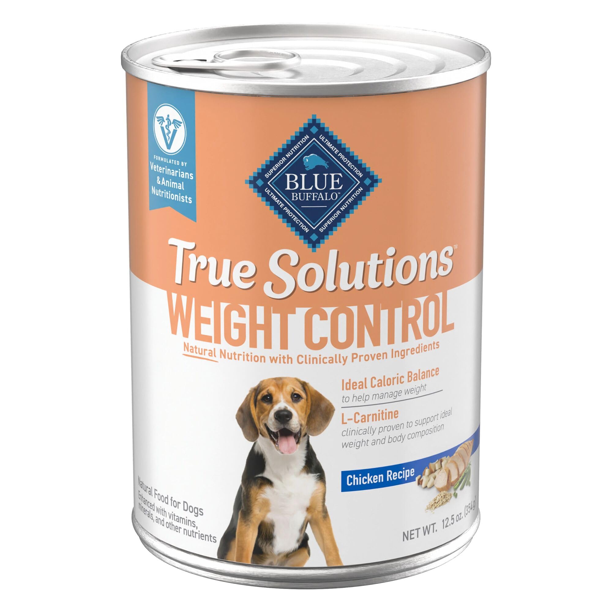 Blue Buffalo True Solutions weight-control wet dog food can with real chicken first ingredient.