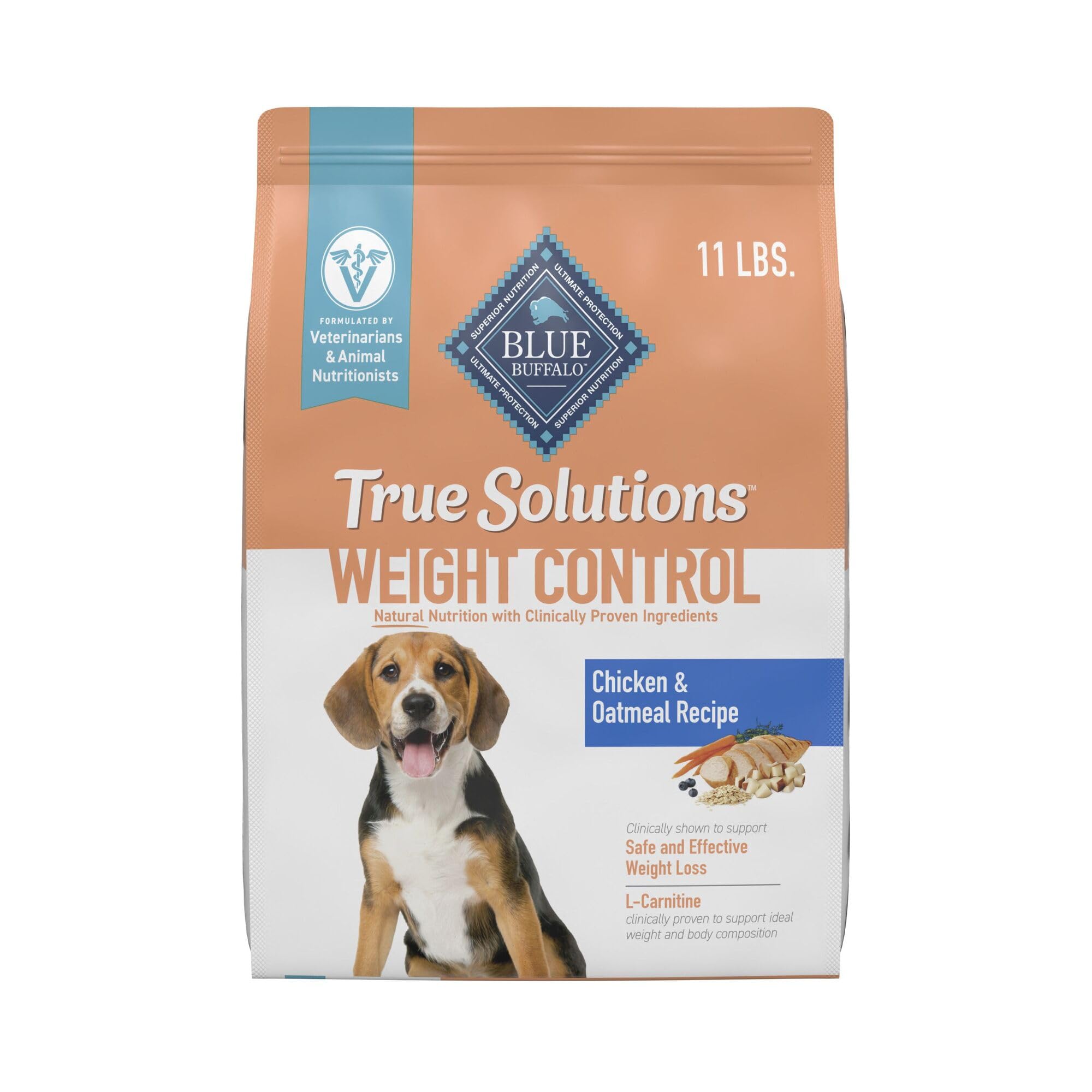 Blue Buffalo True Solutions weight control bag front shows balanced calories for adult dogs