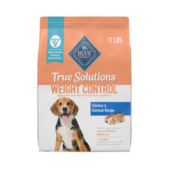 Blue Buffalo True Solutions weight control bag front shows balanced calories for adult dogs