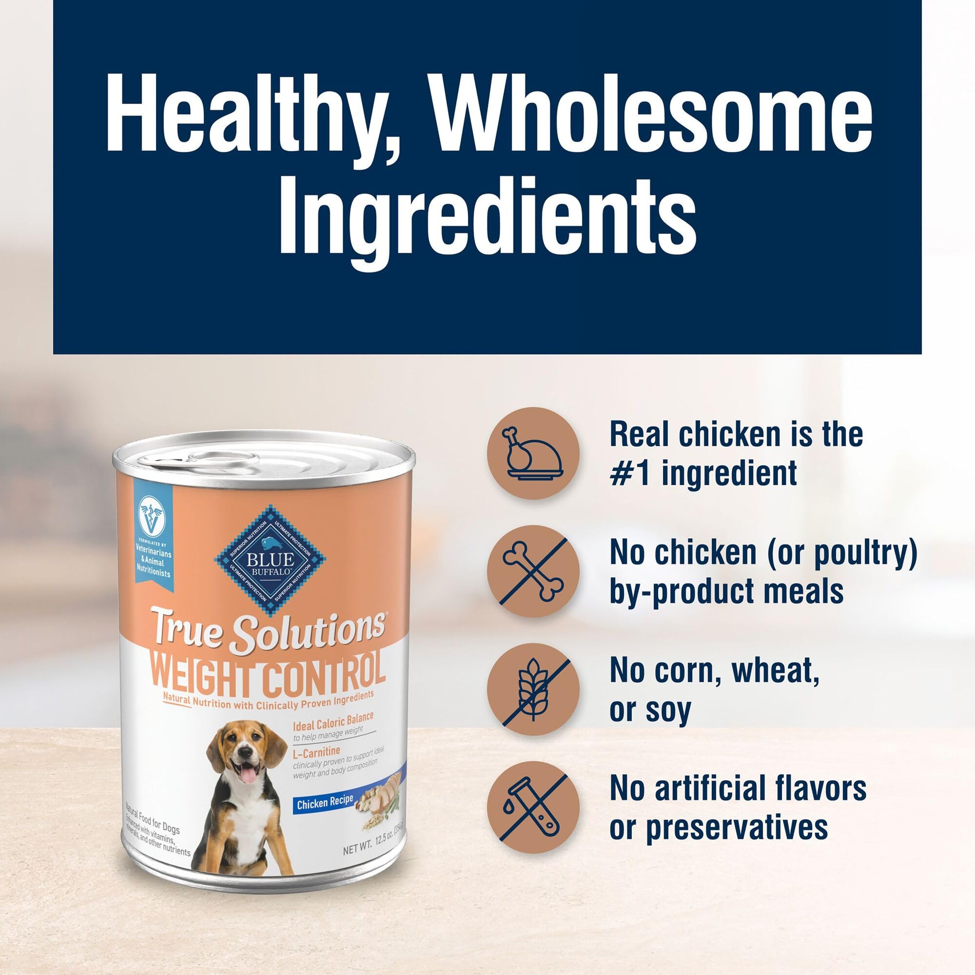 Twelve 12.5-ounce cans of Blue Buffalo True Solutions weight-control food.