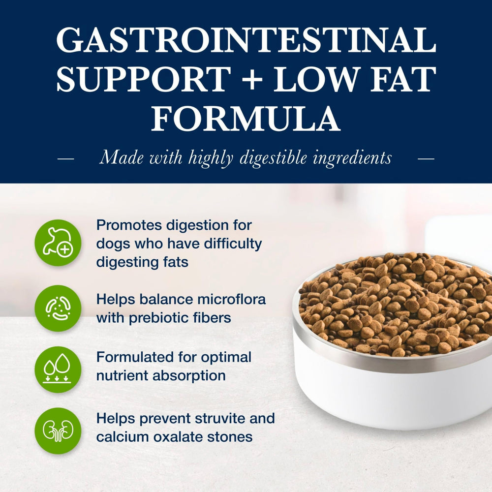 Blue Buffalo veterinary-prescribed dry dog food badge signals specialized digestive care.