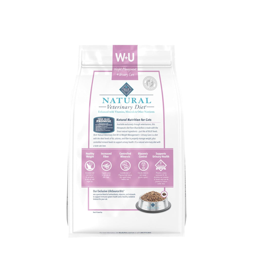 Blue Buffalo W+U dry cat food kibble closeup highlighting real chicken first ingredient and high-quality nutrition.