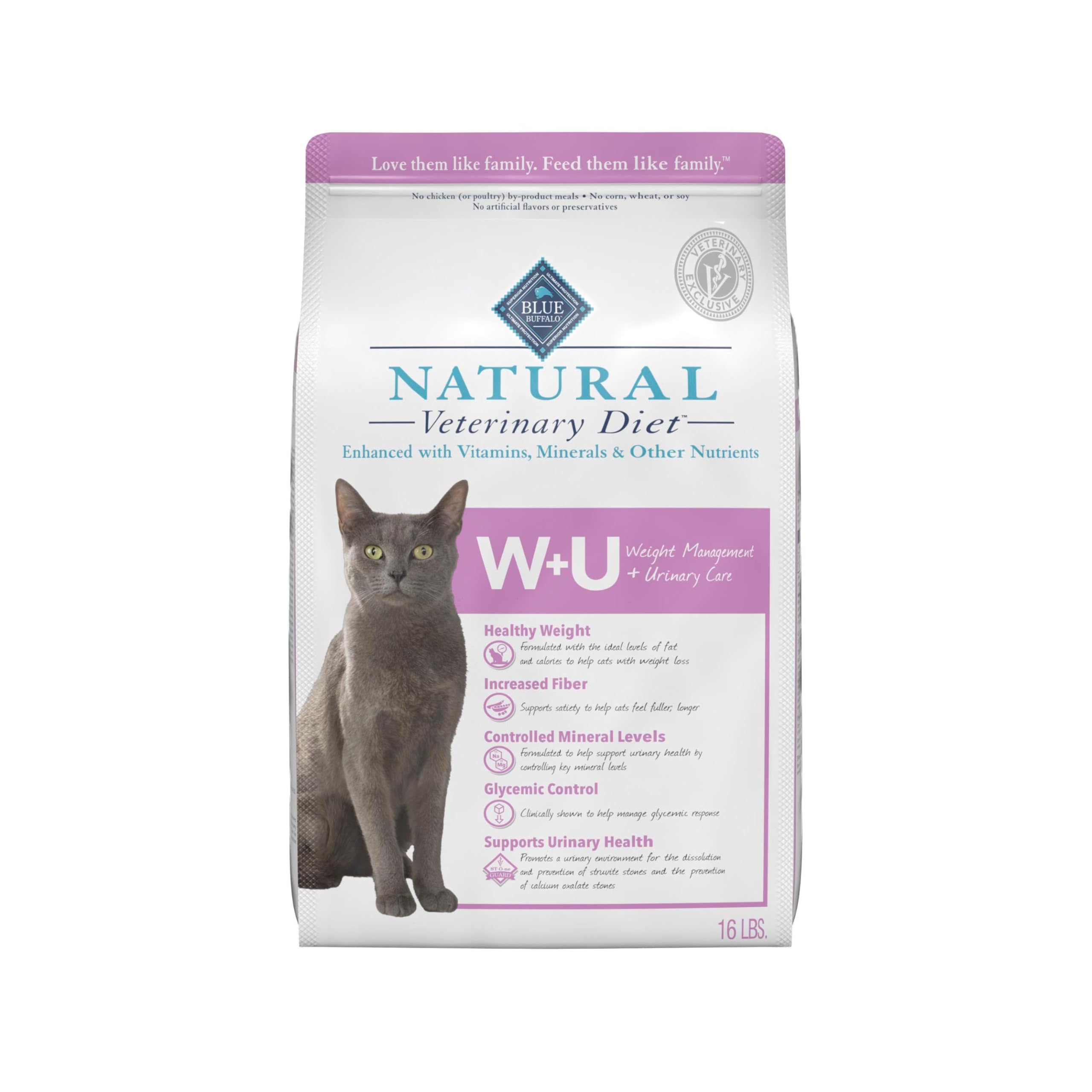 Blue Buffalo W+U dry cat food with real chicken first supports weight management and urinary care.