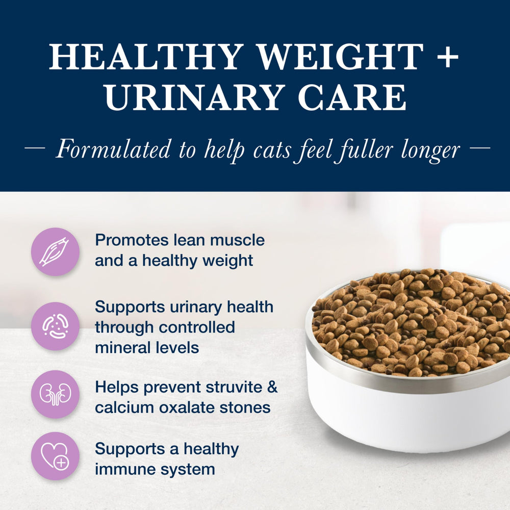 Blue Buffalo W+U weight management and urinary care dry food helps cats feel full.